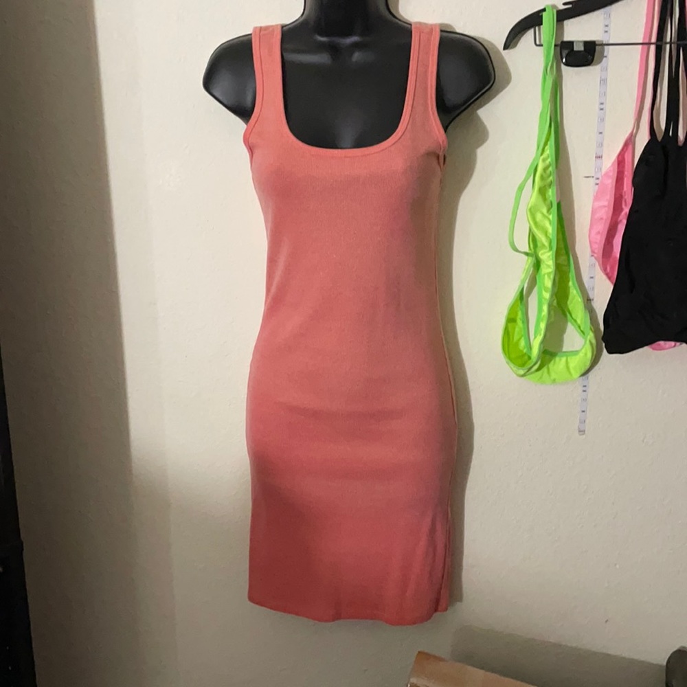 Coral fitted ribbed tank dress